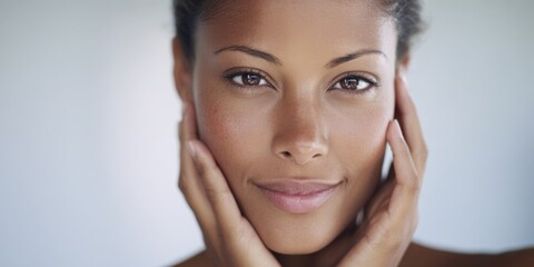 Beautiful Woman Gently Touching Her Face with a Soft Smile