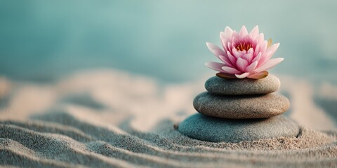 Serene Water Lily on Stacked Stones in Sandy Landscape