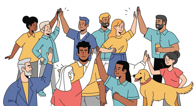 An energetic illustration of a diverse team of individuals and a dog giving high-fives, representing successful collaboration, unity, and shared achievement - Powered by Adobe