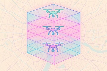 Innovative aerial mapping technology represented through layered drone imagery overlaid on a soft pastel city grid showcasing future urban navigation and connectivity solutions
