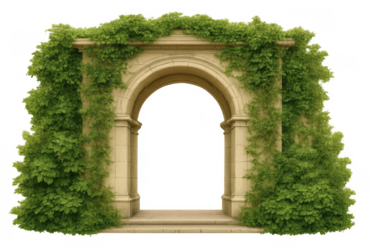 Stone arch entrance covered with green ivy and foliage, classical architecture element with an overgrown garden feel on transparent background