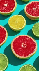 Fresh Citrus Fruits Over Vibrant Turquoise Background