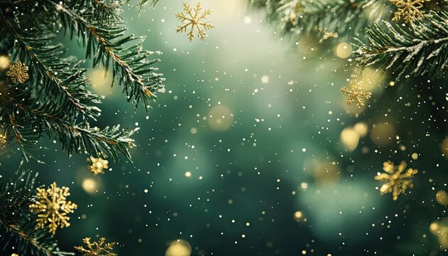 Elegant Christmas frame with golden ornaments, snowflakes, and lush green pine branches arranged around a deep emerald green background, creating a luxurious festive border.