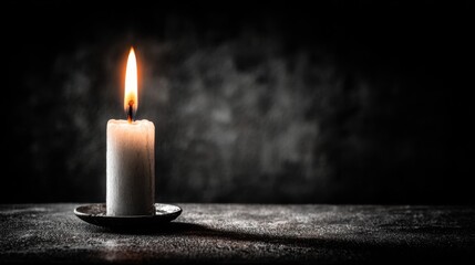 Single White Candle Flickering in Dark Environment