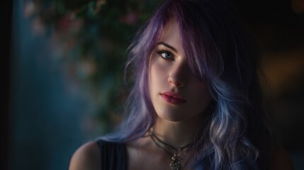 Intense gaze of a beautiful woman with purple hair and fair skin