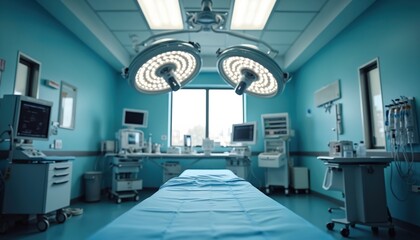 Modern sterile operating room setup for surgery with bright lights overhead. Medical equipment and patient bed are ready. A clean clinical space awaits a medical procedure.