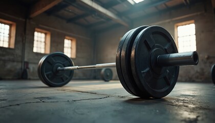 Barbell rests on gym floor. Heavy weight plates loaded on metal bar in old building studio. Concept for bodybuilding training strength exercise. Sport fitness equipment