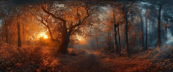 Panoramic photograph of a beautiful winter sunrise in a forest