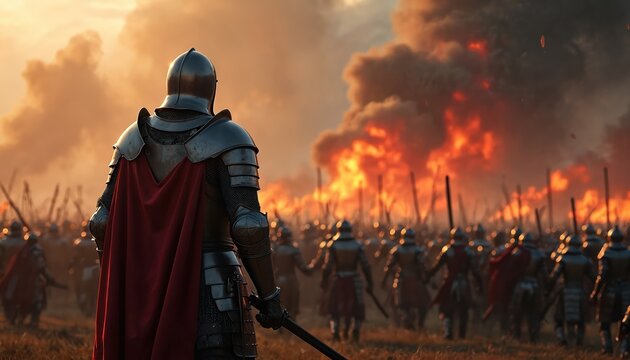 Knight in armor observes army battle chaos with fire and smoke. Warriors fight with swords on field during war. Medieval combat scene with soldiers and flames.