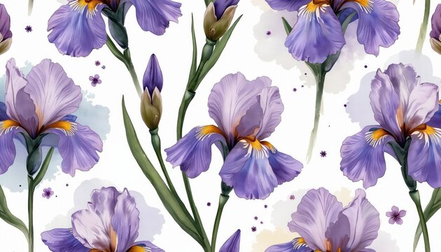 Seamless pattern of purple irises with green stems. Delicate watercolor splashes and small purple blossoms accent the repeating floral design. Beautiful spring blossom illustration.
