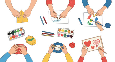 Kids' creative hands exploring various art activities drawing, painting with watercolors, and crafting, fostering imagination and development in an educational setting