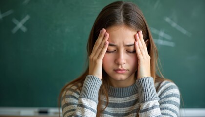 Teenage girl with head ache holding temples, feeling stressed in classroom. Young student has closed eyes, looks distressed. Difficult academic challenges affect youth.