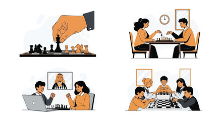 A collection of engaging illustrations showcasing individuals and groups enjoying the classic game of chess, from focused strategic moves to friendly social gatherings and virtual competitions