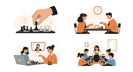 Engaging illustrations showcasing diverse chess experiences, including strategic moves, face-to-face matches, online gameplay, and educational group lessons for all ages