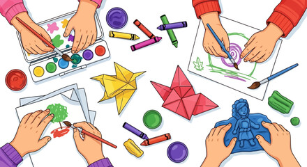 A vibrant illustration of children's hands engaged in diverse art activities, showcasing the joy of creative play, skill development, and imaginative learning through crafts
