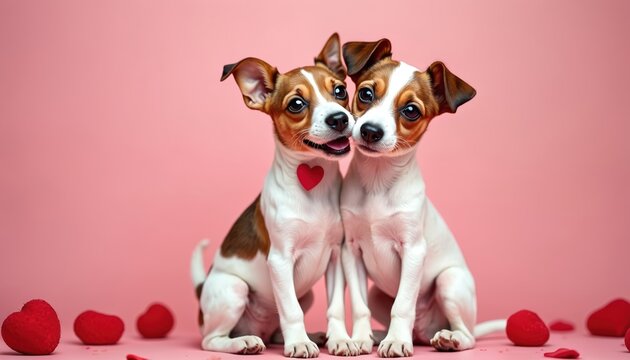 Two small dogs sit close together on pink background with hearts scattered around. One dog wears red heart sticker on chest. Pair looks sweet, affectionate, suitable for romance pet-related themes.