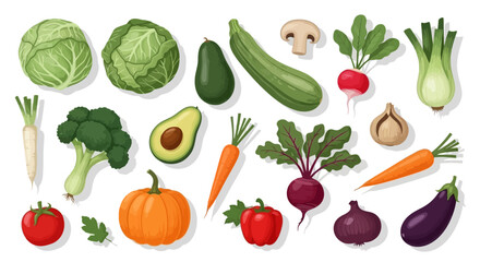 A vibrant flat lay composition showcasing a diverse assortment of fresh, raw, and organic vegetables, perfect for healthy cooking, plant-based diets, and wholesome nutrition
