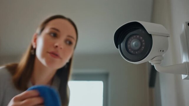 User gently cleaning a slightly dusty camera lens with a soft microfiber cloth, subtle dust particles visible on glass, smooth wipe motion, image gradually becoming clear on screen