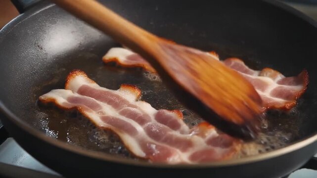 Close-up of bacon strips sizzling in a pan with a wooden spatula. The bacon is golden and crispy, and the pan is filled with hot oil
