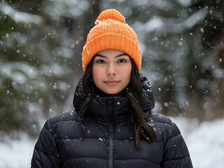 Portrait of a woman in a black puffy jacket with an orange beanie, in a snowy forest