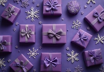 Purple background with gifts and Christmas decorations, top view