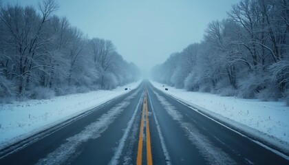 Icy road leads through snowy landscape. Winter scene shows tree branches coated in frost. Cold weather makes driving difficult. Yellow lines mark lanes. Rural route after snow storm.