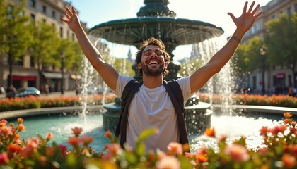 Young man with arms outstretched laughs joyfully by city fountain. Wears backpack, surrounded by blooming flowers under bright sunlight. Water splashes create lively urban scene. Happiness overflows.