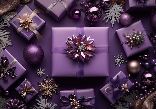 Purple background with gifts and Christmas decorations