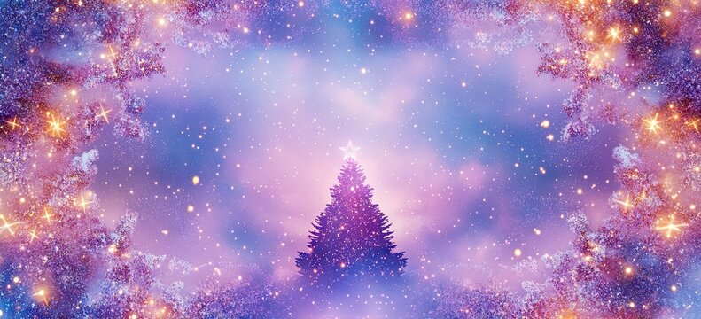 Purple galaxy background with a Christmas tree frame and lights, snowflakes, stars, a purple and blue color palette, a white glitter background - Powered by Adobe