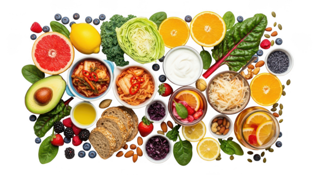 Nutritious and healthy food selection isolated on transparent background