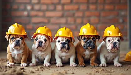 Five bulldog puppies wear yellow hard hats, sitting on dirt at a construction site. These cute canine workers look ready for a day of building and heavy duty labor. Small dogs assist with project.