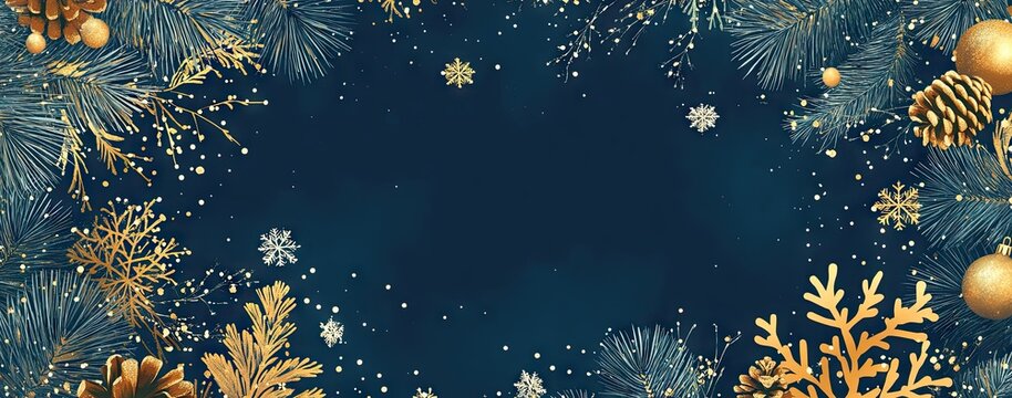 Set of dark blue and gold Christmas frames with snowflakes, pine branches, and a starry sky vector illustration set