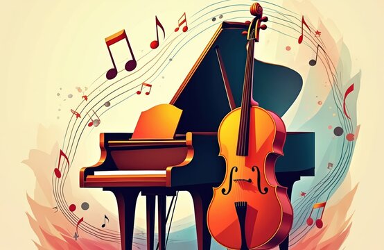 Grand piano, cello sit together in swirling musical notes, abstract shapes. This artistic illustration conveys vibrant energy of music creation, performance, ideal for any music-related theme.
