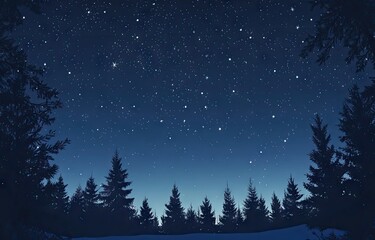 Starry night sky, winter snow scene with pine trees on the horizon