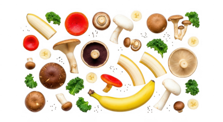 Fresh mushrooms, banana slices, and parsley isolated on transparent background