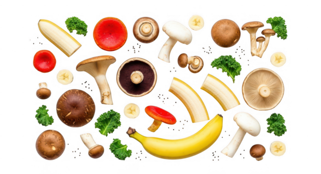 Fresh mushrooms, banana slices, and parsley isolated on transparent background