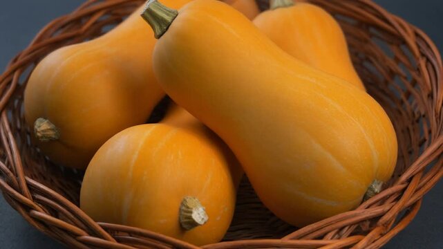 Butternut squash inside wicker basket. Featuring delicious, fresh, vibrant vegetables