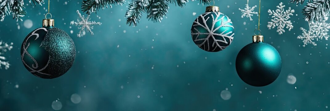 Teal blue background with hanging dark green Christmas ornaments and snowflakes, banner design