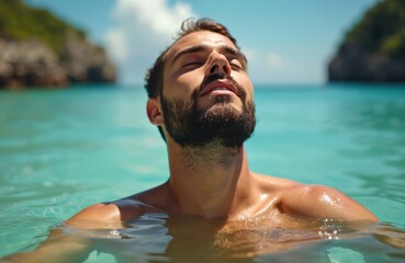 Man enjoys sun in ocean water. Young guy relaxes in sea. He closes eyes during swim on tropical resort. Summer holiday vacation at seaside beach.