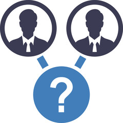 Two Silhouette Business People Icons Connected To A Blue Question Mark Symbol Representing Decision Making Uncertainty Or Collaboration Choice In A Conceptual Graphic