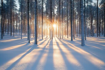 The shadows of the trees cast long and deep shadows on the snow-covered ground, creating intricate patterns in the endless winter forest at sunset