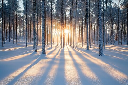 The shadows of the trees cast long and deep shadows on the snow-covered ground, creating intricate patterns in the endless winter forest at sunset