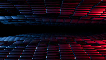 A futuristic tunnel of metallic tiles under dramatic red and blue lighting