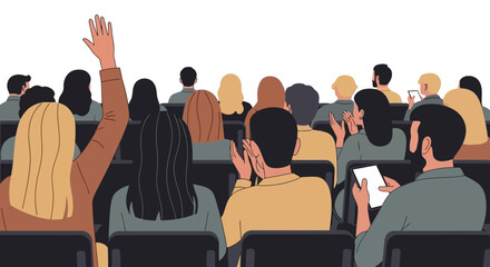 Audience Participation Diverse Group in a Meeting or Conference, Hand Raised for a Question, Applause