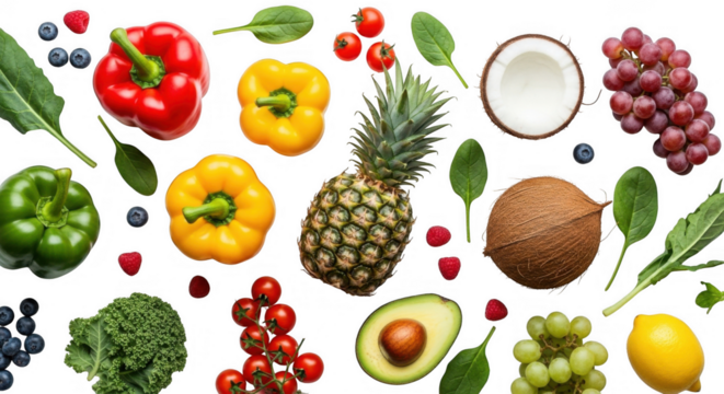 Fresh colorful fruits and vegetables collection isolated on transparent background