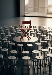 Elevated director's chair on a podium, surrounded by many stools, symbolizing leadership, unique opportunity, and being in the spotlight.