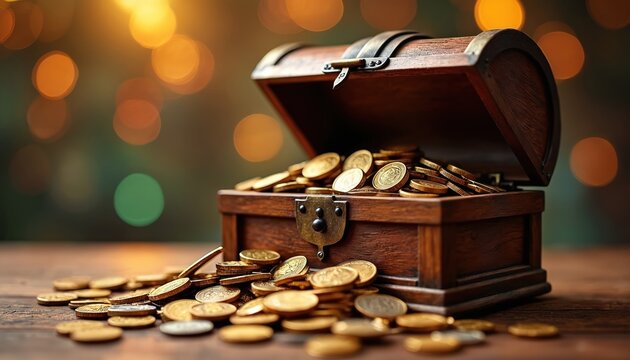 Wooden pirate treasure chest overflows with gold coins. Ancient chest sits on table surface with scattered currency. Richness and fortune concept