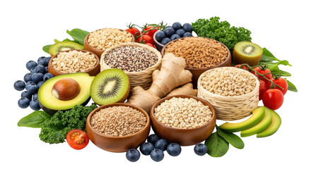Healthy food collection with grains, fruits, and vegetables isolated on transparent background