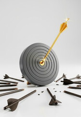 A shining golden arrow precisely hits the bullseye of a target, surrounded by many broken, missed arrows, symbolizing ultimate success and achievement.