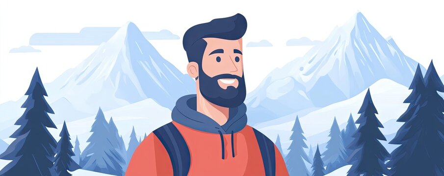 Cheerful bearded hiker in orange jacket and gray hoodie with backpack smiling confidently against snowy mountain peaks and pine forest backdrop - Powered by Adobe